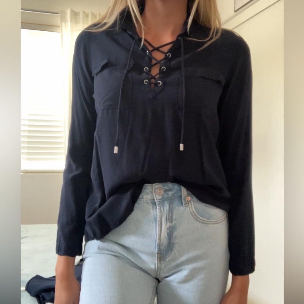 Navy Lace-Up Blouse